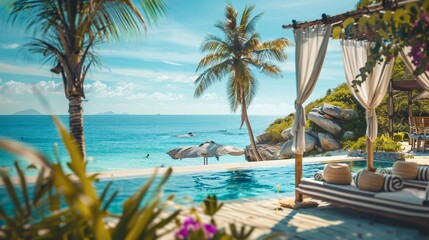 A luxurious beachfront resort with infinity pools overlooking the ocean, palm trees swaying in the breeze, and guests lounging under cabanas