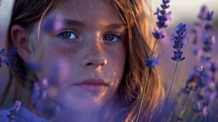 Wall Mural - A young girl with electric blue eyelashes is gently smelling violet flowers in a field, surrounded by the sweet music of nature. Each petal tickles her jaw as she takes in the serene event AIG50