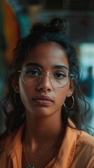 Wall Mural - A young woman with dark hair and glasses looks directly at the camera