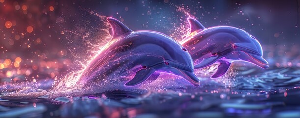 Wall Mural - Neon lit dolphins leaping, 8k UHD, glowing ocean waves