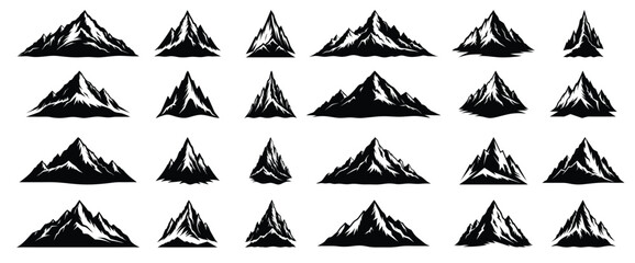 Wall Mural - collection of vector mountain silhouettes, sharp peaks and rugged landscapes, black and white illust