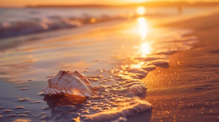 A serene beach at sunrise, with the golden light reflecting off the calm ocean waves, and a lone seashell lying in the foreground