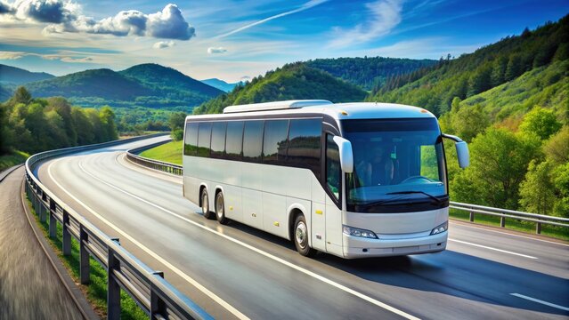 White Passenger Bus Traveling Along Winding Highway Through Lush Green Mountains on a Sunny Day. Generative AI
