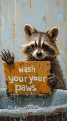 Wall Mural - happy raccoon washing paws in bathroom sink, holding sign with text 