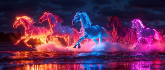 neon wild horses running free