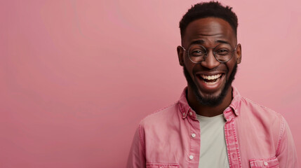 Wall Mural - Portrait of a happy African American man wearing glasses on a pink background. Young black man having fun indoors. Fun concept.