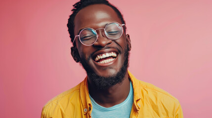 Wall Mural - Portrait of a happy African American man wearing glasses on a pink background. Young black man having fun indoors. Fun concept.