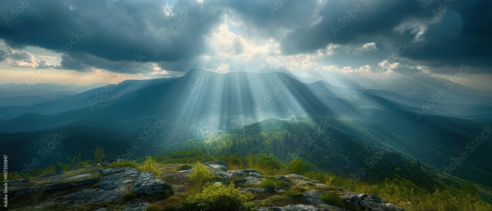 Overcast Rays Overcast sky with sun rays breaking through and illuminating a city ...