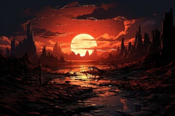 Wall Mural - Landscape, ruined streets in an abandoned city, at sunset, digital-art style, view from above