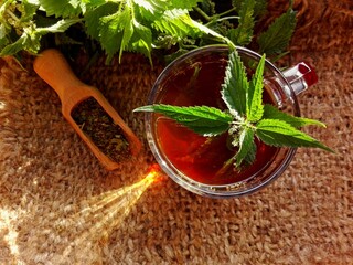 Canvas Print - Stinging nettle leaves tea & dry nettleon burlap background. Medicinal green nettle herb hot drink. Top view fresh nettle leaves with seeds healthy tea. Medicinal herb urtica dioica plant