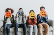 © Olsek - Group of friends with emoticon faces sitting on a couch, modern illustration. Bright colors and simple design. Ideal for social media, emotion and youth concepts. Generative AI
