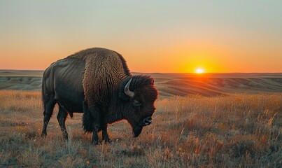 American bison grazing on grassy field against clear sky during sunset