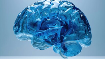 Aufkleber - Blue glass translucent brain, on a blue background. Generative AI.
