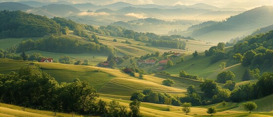 peaceful countryside with rolling hills, a patchwork of fields, and a quaint village nestled in the 
