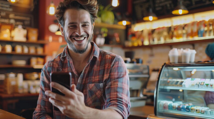 Wall Mural - Portrait of a happy man with a modern phone in coffee. Young man sitting on smartphone while relaxing at home. Relaxation, technology concept.