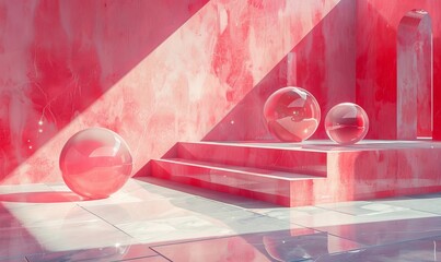 Wall Mural - illustration of geometric shapes and forms of shiny spheres on square platform near wall in red and pink colors