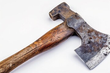 Poster - Antique axe with wooden handle on white background