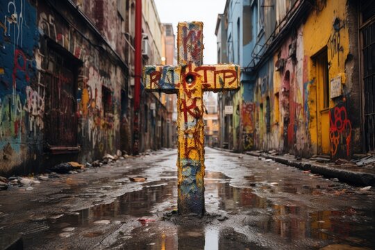 Colorful cross in urban mural expresses faith., generative IA