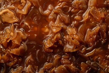 Wall Mural - Close up of brown pieces in jelly sauce resembling wet dog food