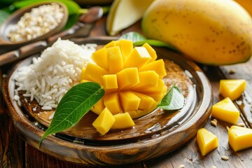 Sticker - Cubed yellow mango with coconut milk and sticky rice on a wooden plate Thai tropical dessert