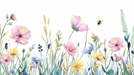 Wall Mural - A watercolor flying bee, natural field flowers, an elegant floral composition isolated on white. Summer Meadow. Perfect for holiday postcards, posters, banners, children's illustrations, or websites.