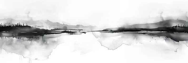 Wall Mural - Isolated on white background, this is an abstract landscape with islands in the water. Silhouette of the mountains of a lake. Hand-drawn in watercolor and ink. A natural background.