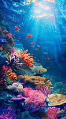 Wall Mural - Underwater coral reef with colorful fish and sun rays, vibrant marine life concept