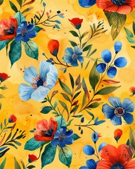 Wall Mural - A seamless pattern of flower silhouettes. Colorful brush texture, rough strokes. Hand illustrated botanical watercolor ornament with floral motif on yellow background. Naive, infantile art.