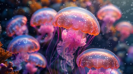 Wall Mural - Group of glowing jellyfish underwater in deep sea, colorful aquatic life. Nature and ocean wildlife concept