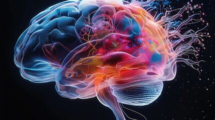 Fototapete - Brain blast, colorful x-ray the anatomy of a brain, brain sensor made of gel, black background. Generative AI.