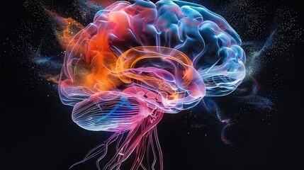 Fototapete - Brain blast, colorful x-ray the anatomy of a brain, brain sensor made of gel, black background. Generative AI.