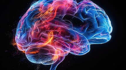 Fototapete - Brain blast, colorful x-ray the anatomy of a brain, brain sensor made of gel, black background. Generative AI.