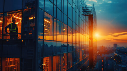 Poster - An construction workers working at a beautiful, modern commercial building at evening. Generative AI.