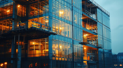 Poster - An construction workers working at a beautiful, modern commercial building at evening. Generative AI.