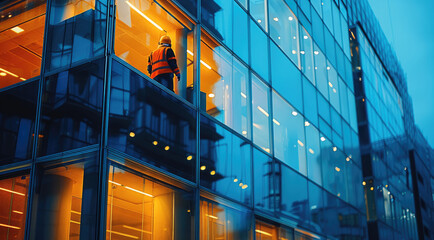 Poster - An construction workers working at a beautiful, modern commercial building at evening. Generative AI.