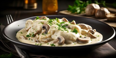 Wall Mural - French gourmet dish of Blanquette de Veau with creamy sauce on a plate. Concept Food Photography, French Cuisine, Gourmet Dish, Blanquette de Veau, Creamy Sauce