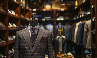 A mannequin dressed in a classic suit, displayed in a fine menswear shop with various items of clothing