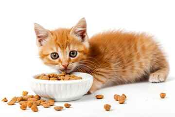 Canvas Print - Kitten and dry food in bowl on white background