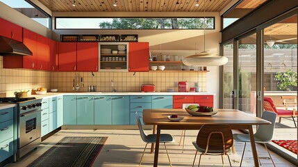 Wall Mural - A sophisticated mid-century modern kitchen with red, blue, and white kitchen cabinets, highlighted by a wooden dining table.