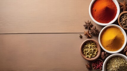 Sticker - Spices on a dark table background. Illustration of colorful spices with copy space for text. Herbs and spices for cooking on dark background. 