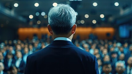 Wall Mural - n Asian short white hair CEO in his 40s addressing thousands of his staff in a corporate setting. Generative AI.