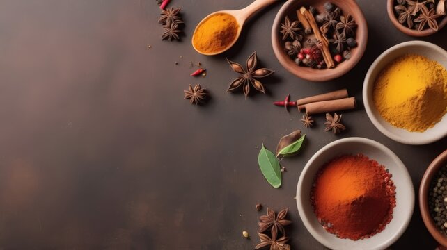 Spices on a dark table background. Illustration of colorful spices with copy space for text. Herbs and spices for cooking on dark background. 