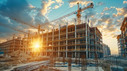Poster - Building under construction, industrial development, construction site engineering, bright background, vibrant color. Generative AI.