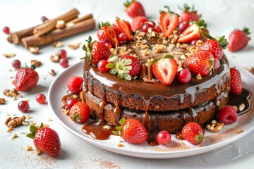 Poster - Toffee apple and nut cake with fruit spices and caramel flakes on white background