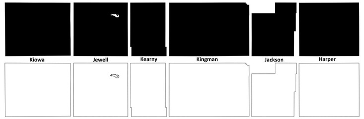 Kearny, Kingman, Jackson, Kiowa, Harper and Jewell County, Kansas (U.S. county, United States of America, USA, U.S., US) map vector illustration, scribble sketch map