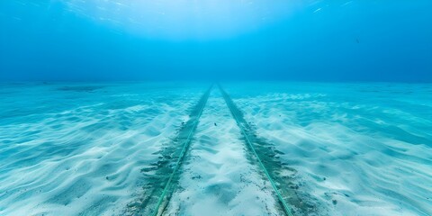 Wall Mural - Underwater view of internet cables stretching along sandy ocean floor. Concept Underwater Technology, Internet Cables, Ocean Floor, Connectivity, Submerged Infrastructure