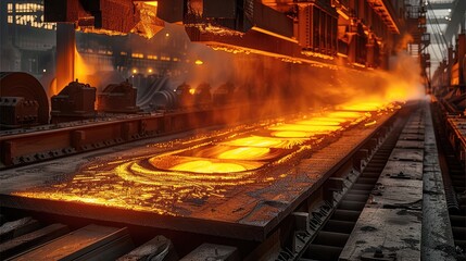 Poster - A steel mill with a lot of hot steel. depth of field. Generative AI.