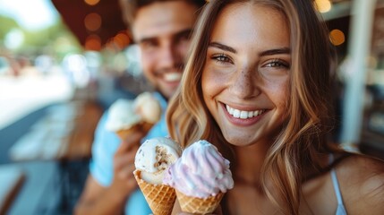 A joyful woman holds two ice cream cones, smiling radiantly in an outdoor cafe, capturing the delight and satisfaction of enjoying sweet treats on a sunny day.