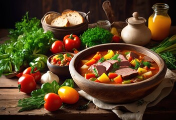 Wall Mural - steaming bowl nourishing stew fresh vegetables tender meat, hearty, delicious, homemade, rustic, comfort, food, dinner, meal, savory, winter, warm, broth