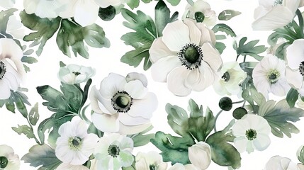 Wall Mural - watercolor illustration, seamless botanical pattern of white anemones and green leaves on a white background, for printing on fabric or wedding invitations